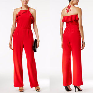 Red Wide Leg Ruffle Halter Ruffle Jumpsuit